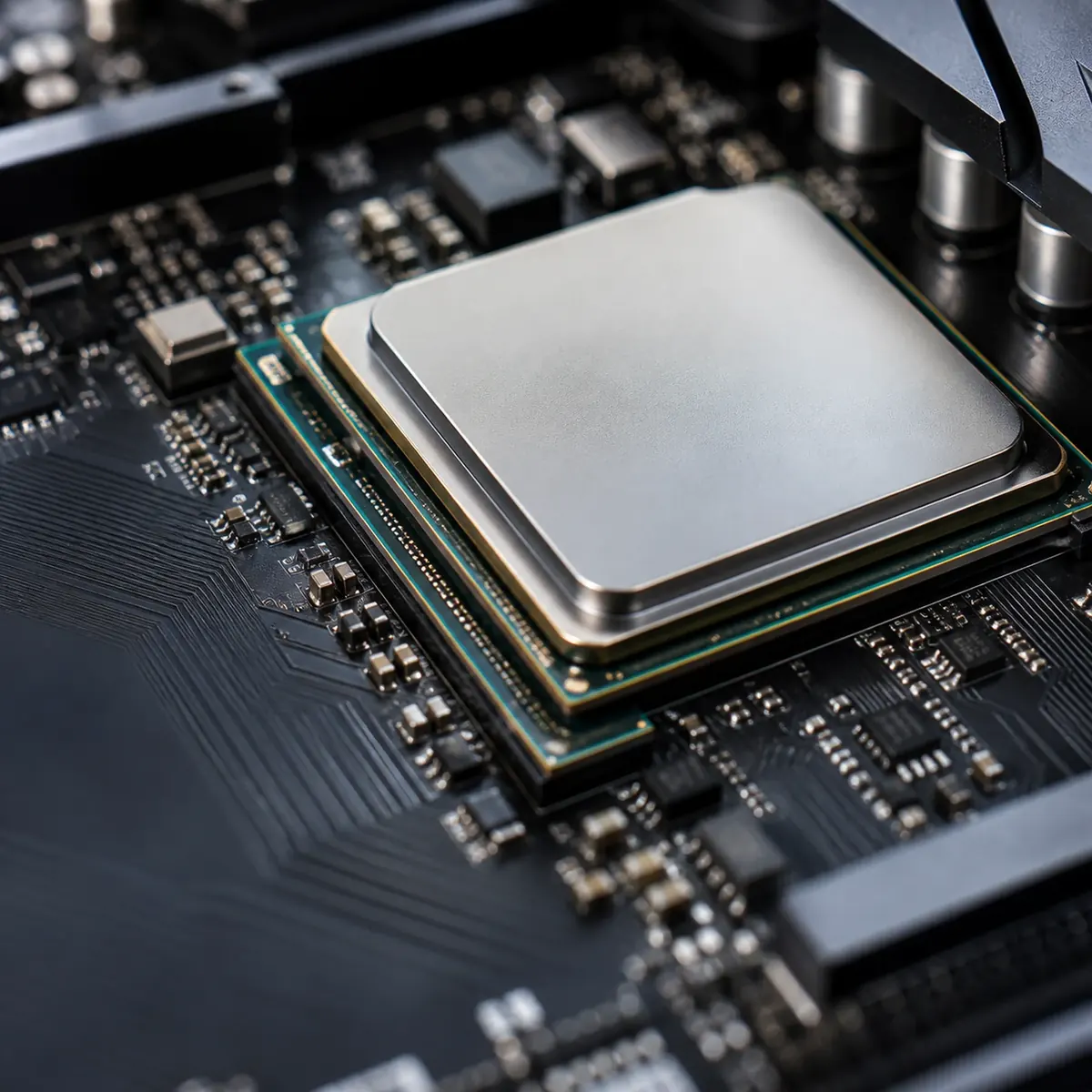 Detalle de un procesador y sus conexiones en una placa de computación