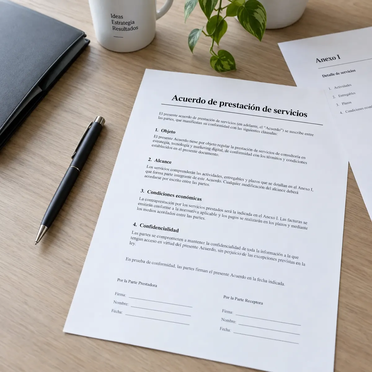Acuerdo de prestación de servicios con cláusulas y anexos para revisión