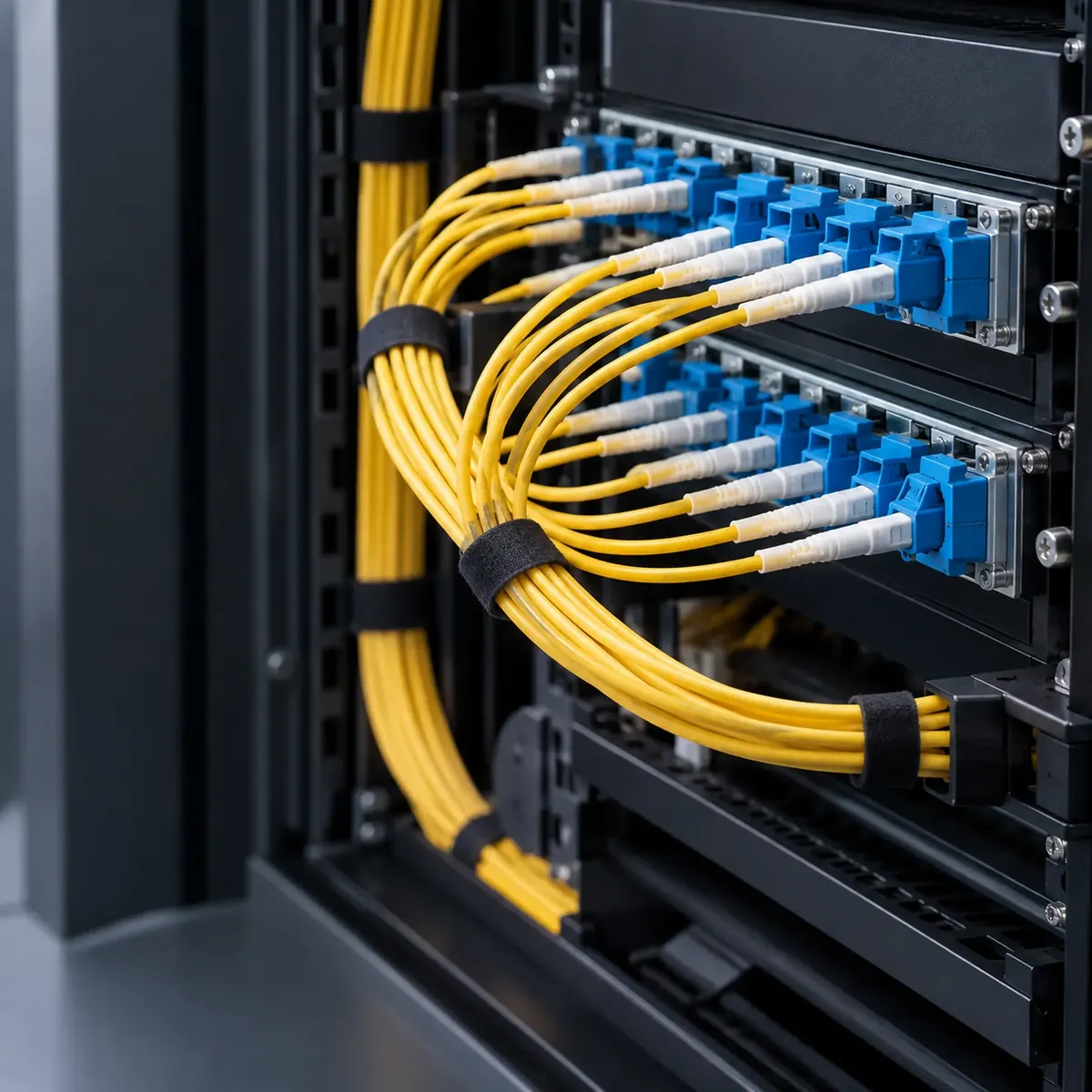 Conexiones de fibra óptica organizadas en un sistema de red